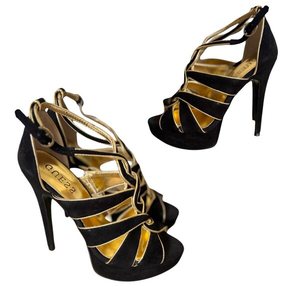 GUESS BLACK/GOLD STILETTO PARTY STRAPPY HEELS SIZE‎ 5 EUC - Picture 3 of 5